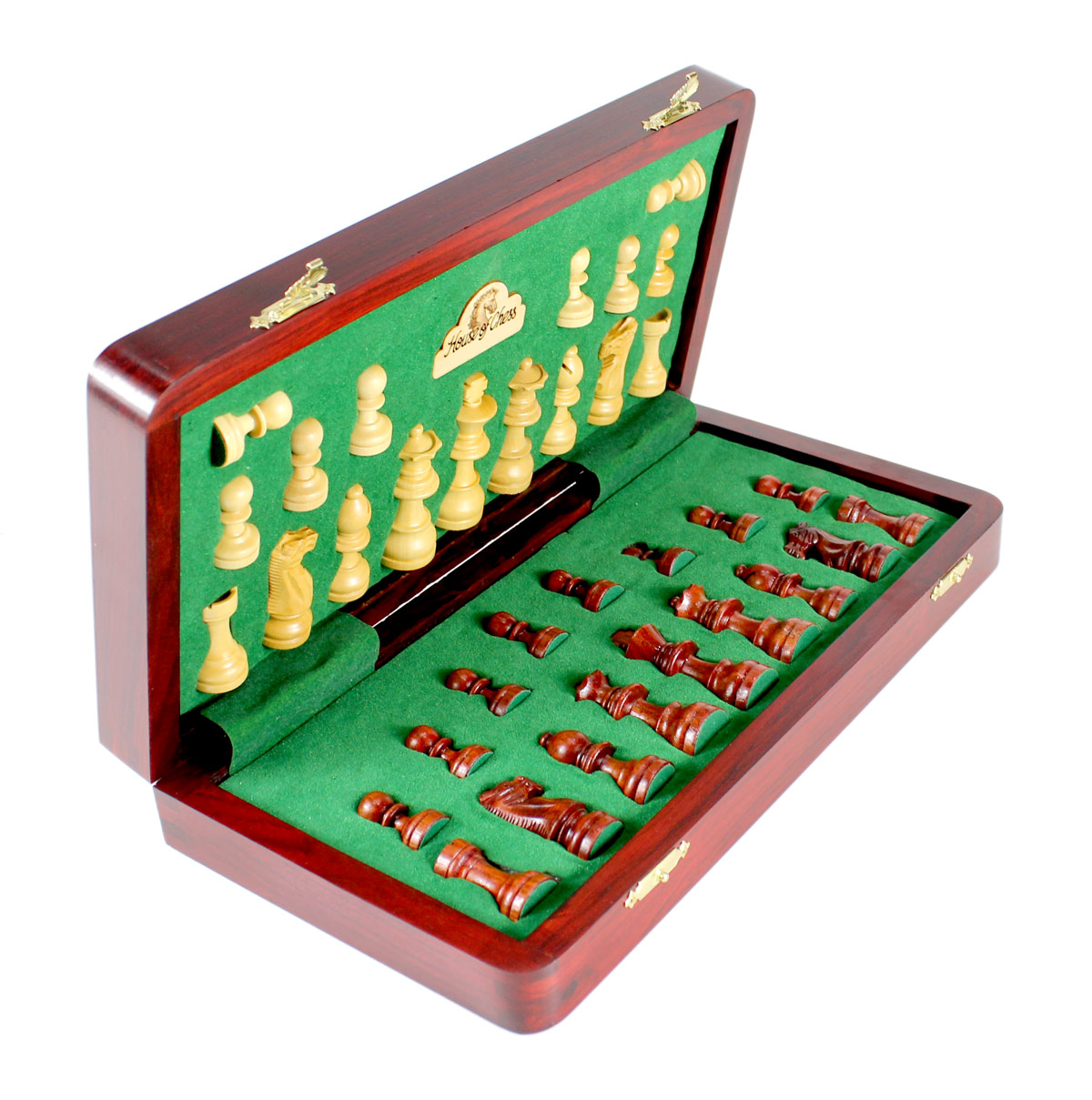 Chess pieces fitted in special inserts made according to the shape of the chess pieces.